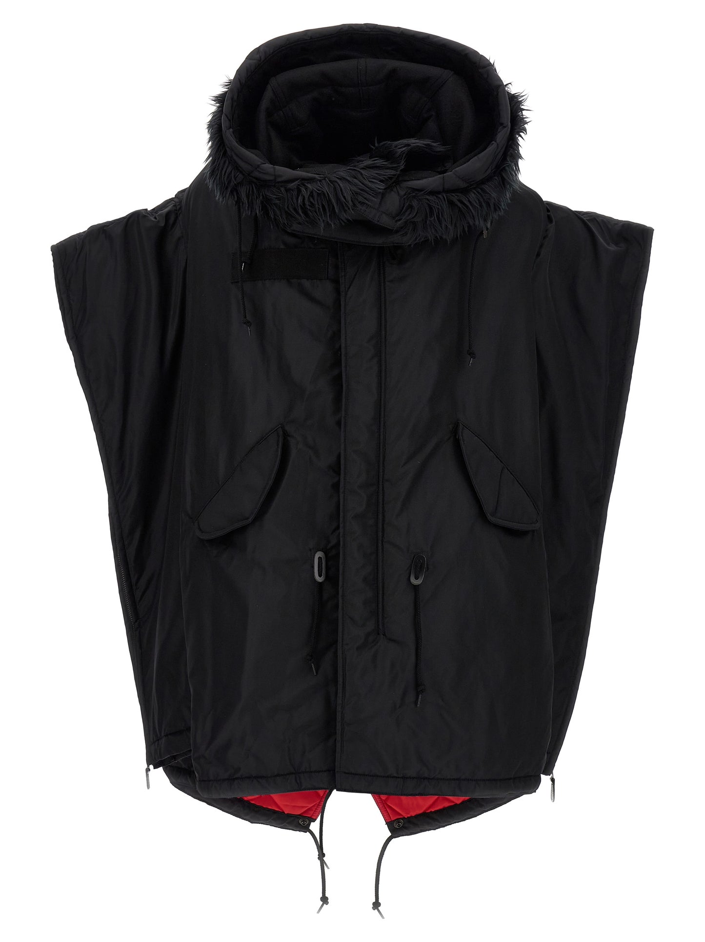 Hooded Puffer Jacket by Junya Watanabe for women in nylon faux fur black features an on trend silhouette, showcasing refined pockets, hooded & insulated and a sophisticated hooded neckline for a truly on trend finish.