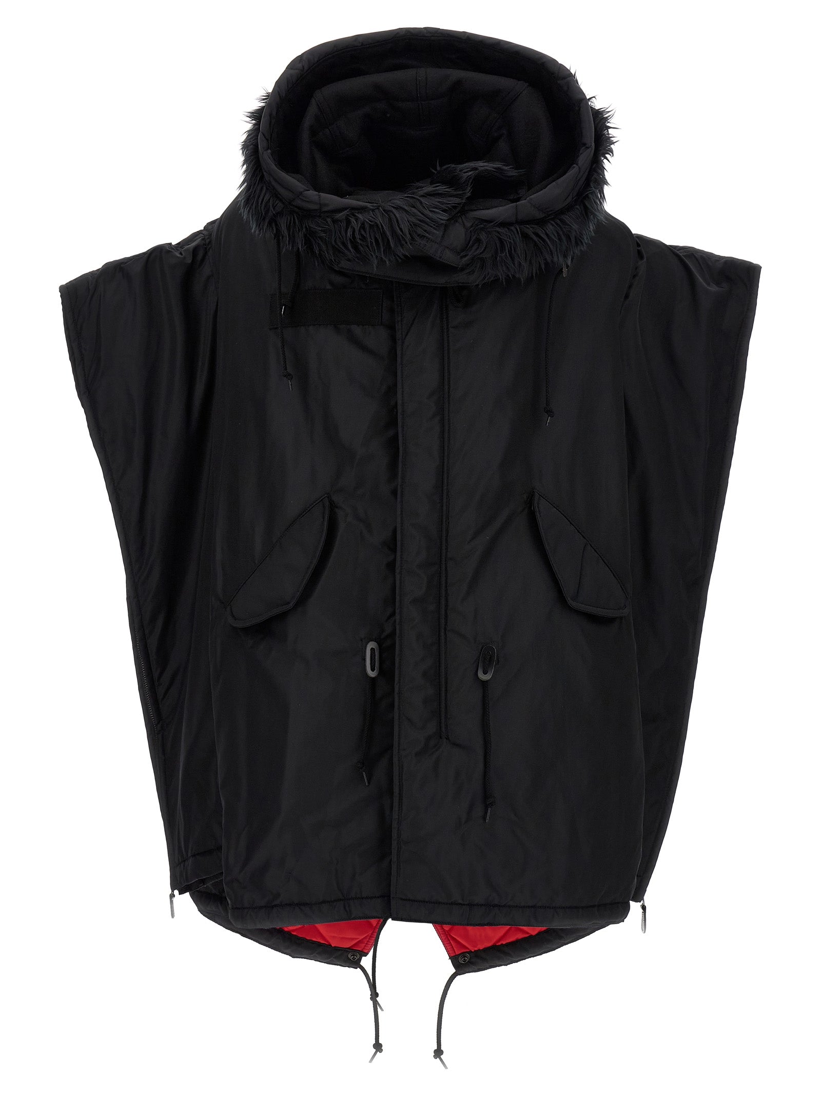 Hooded Puffer Jacket by Junya Watanabe for women in nylon faux fur black features an on trend silhouette, showcasing refined pockets, hooded & insulated and a sophisticated hooded neckline for a truly on trend finish.