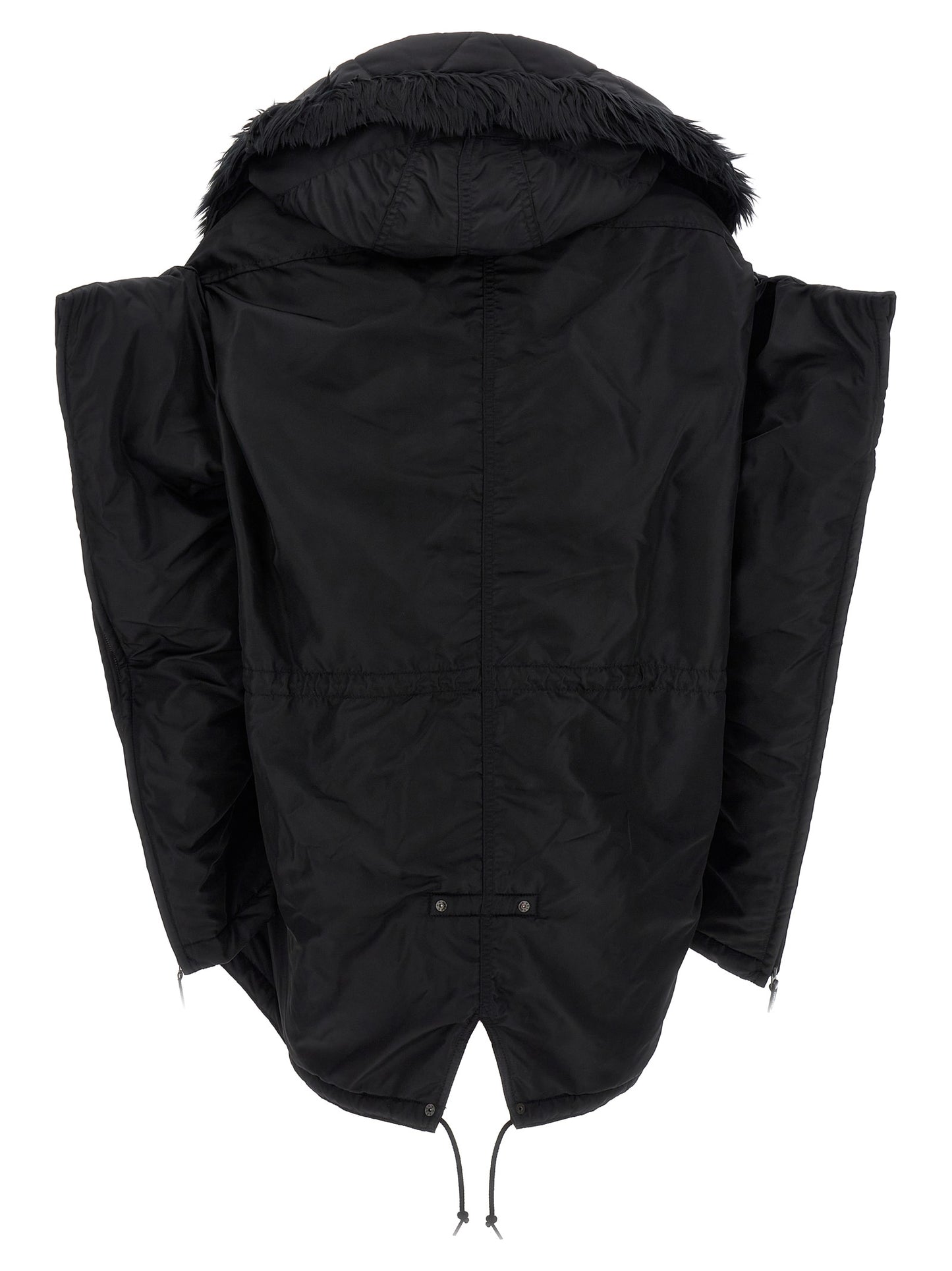 This Hooded Puffer Jacket by Junya Watanabe for women in nylon faux fur black exhibits a edgy silhouette, meticulously detailed with functional pockets, hooded & insulated and a edgy hooded neckline for a edgy finish.