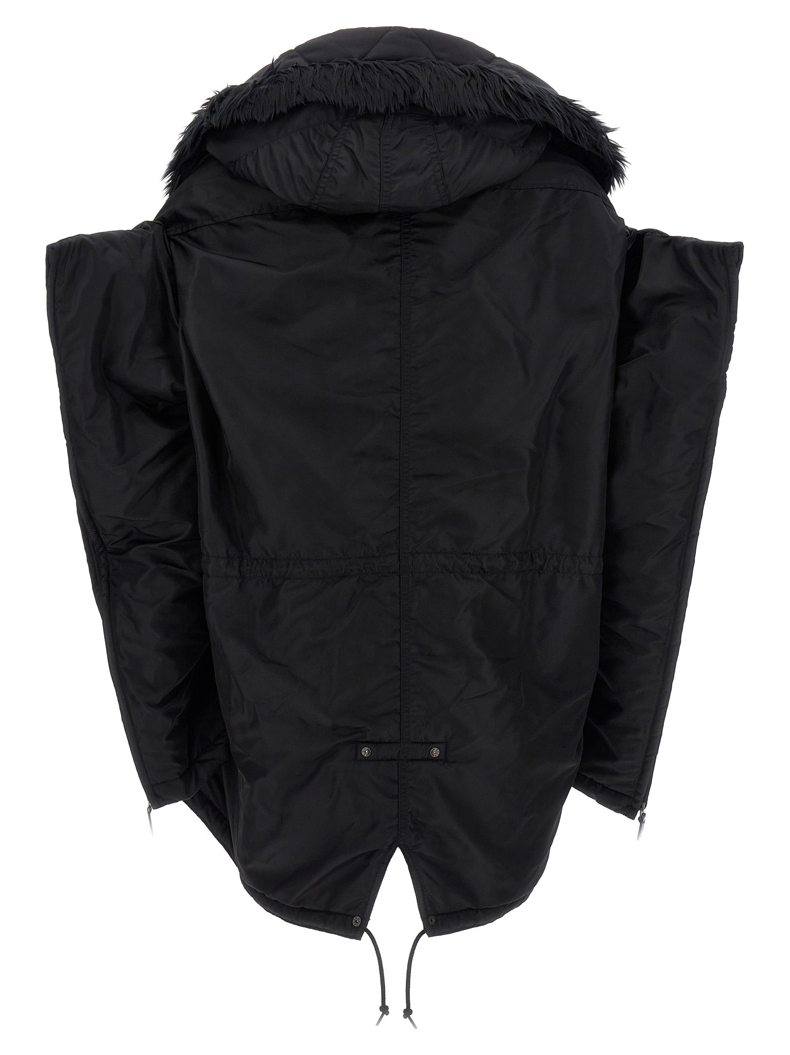 This Hooded Puffer Jacket by Junya Watanabe for women in nylon faux fur black exhibits a edgy silhouette, meticulously detailed with functional pockets, hooded & insulated and a edgy hooded neckline for a edgy finish.