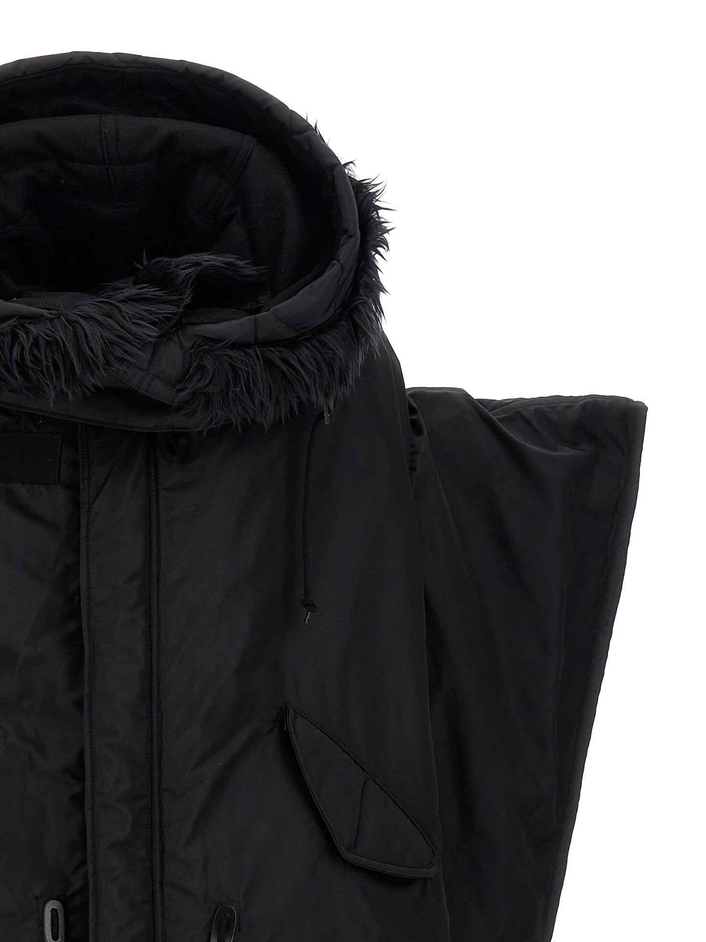 Hooded Puffer Jacket by Junya Watanabe for women in nylon faux fur black presents a effortlessly chic silhouette, showcasing a sophisticated hooded neckline and premium pockets, hooded & insulated for a truly effortlessly chic finish.