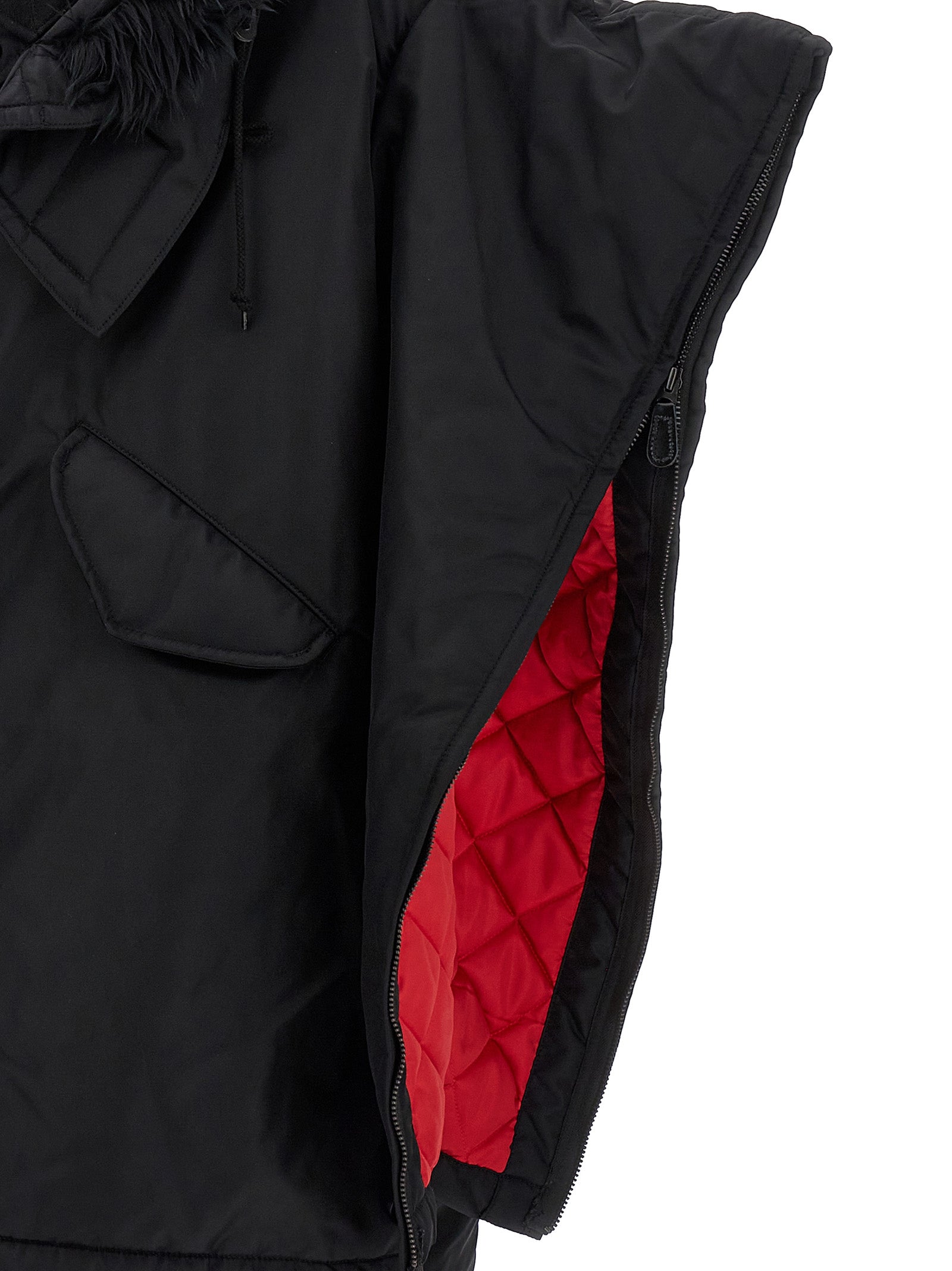 Hooded Puffer Jacket by Junya Watanabe for women in nylon faux fur black showcases a bohemian silhouette, artfully detailed with a bohemian and signature pockets, hooded & insulated for a truly bohemian finish.