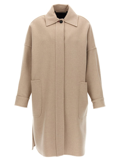 Overcoat by Max Mara for women in cashmere beige features a contemporary silhouette showcasing a contemporary and refined pockets for a sophisticated finish.