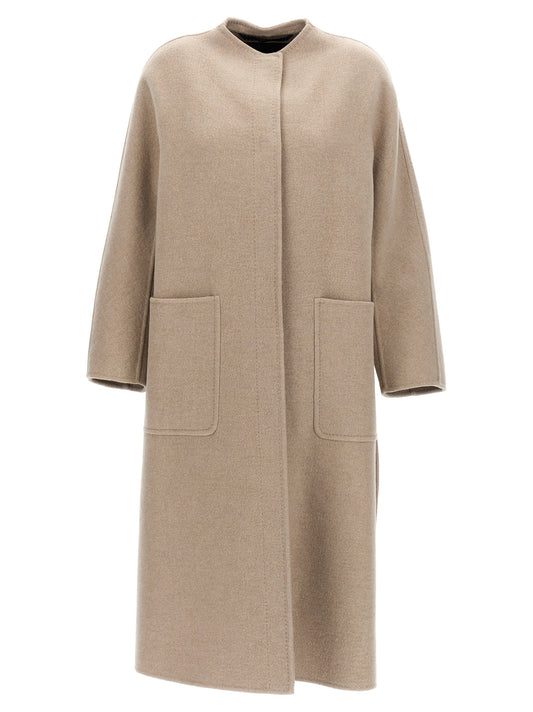 Overcoat by Max Mara for women in cashmere beige features an satoral silhouette, showcasing a sophisticated crew neckline and satoral pockets for a premium, timeless look.