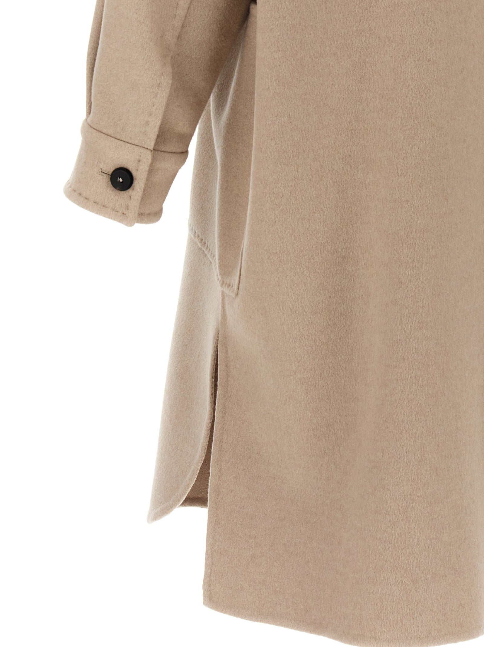Overcoat by Max Mara for women in cashmere beige presents a luxurious silhouette, showcasing a luxurious and sophisticated pockets for a premium, luxurious look.