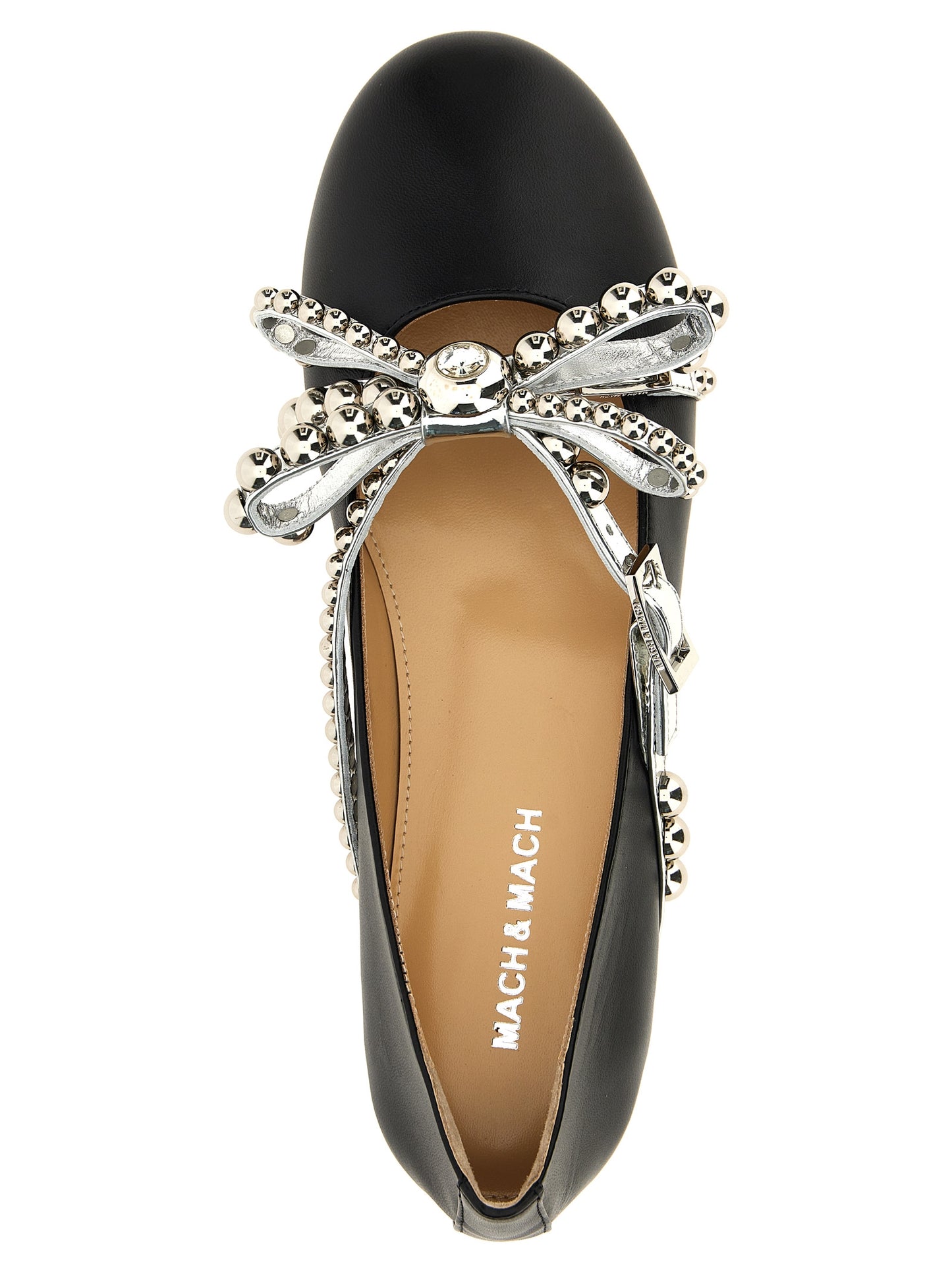 Ballet Flat Shoes by MACH & MACH for women in leather & crystal black showcases a dynamic silhouette, artfully capturing Women's Leather & Crystal Ballet Flat Shoes through its distinctive and elegant .