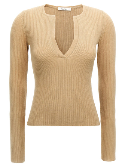 Cardigan by Max Mara for women in cashmere silk beige features a dramatic silhouette, showcasing a sophisticated v-neck neckline and dramatic long-sleeve detail for a timeless, premium look.