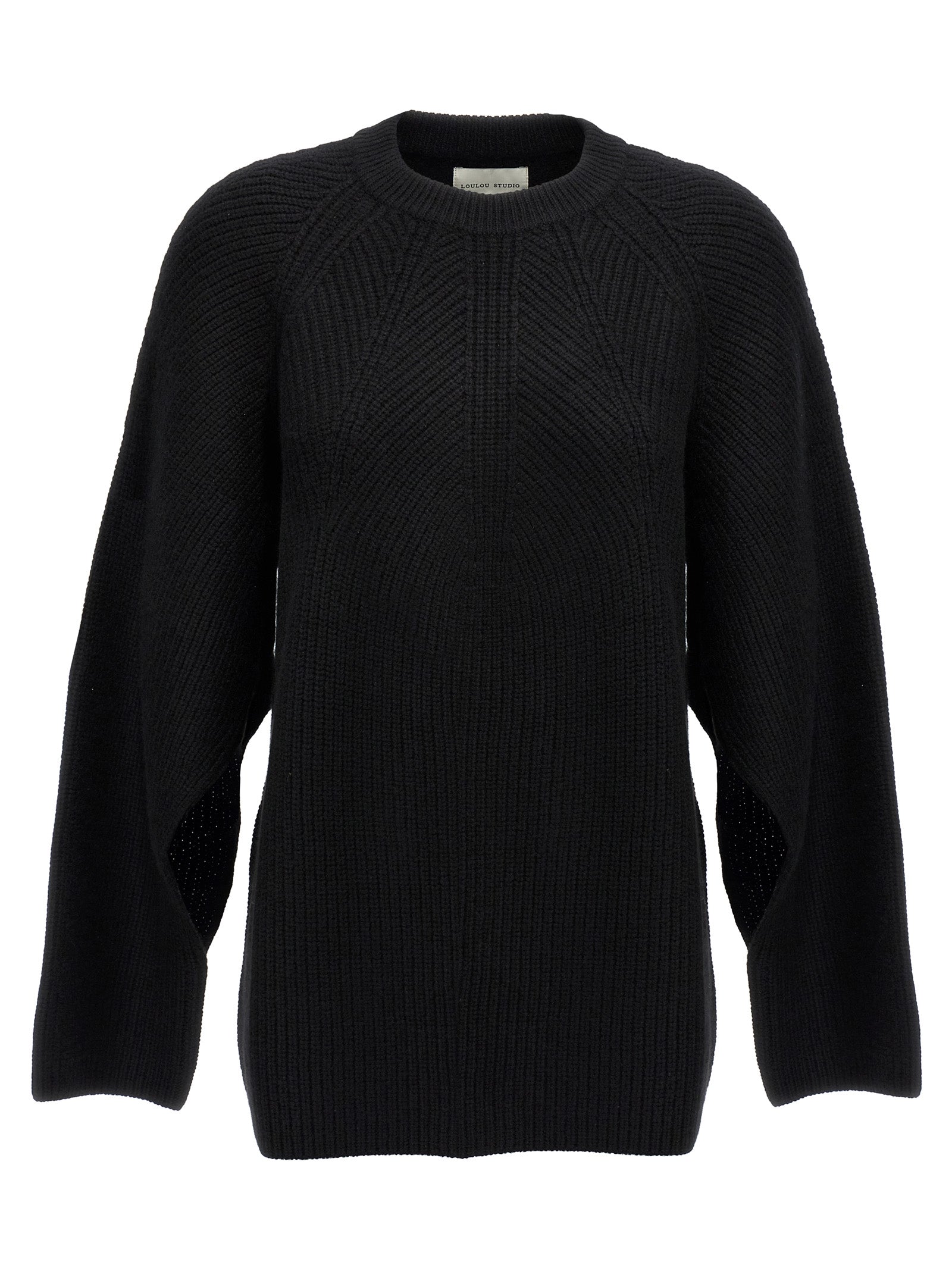 Cardigan by Loulou De Saison for women in cashmere black showcases a luxurious silhouette, meticulously detailed with a sophisticated crew neckline and long-sleeve for a refined finish.