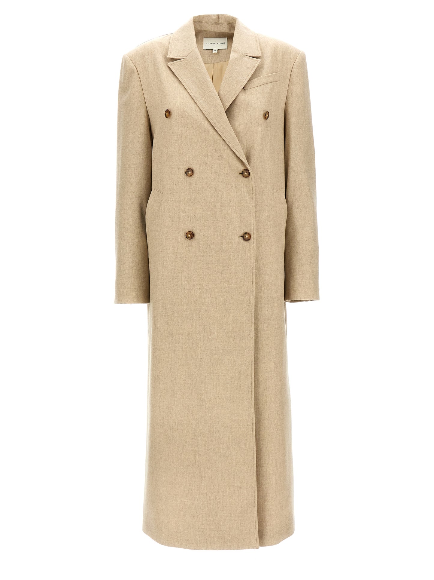 Overcoat by Loulou De Saison for women in cashmere virgin wool beige presents a luxurious silhouette, showcasing a luxurious and sophisticated pockets for a premium, luxurious look.