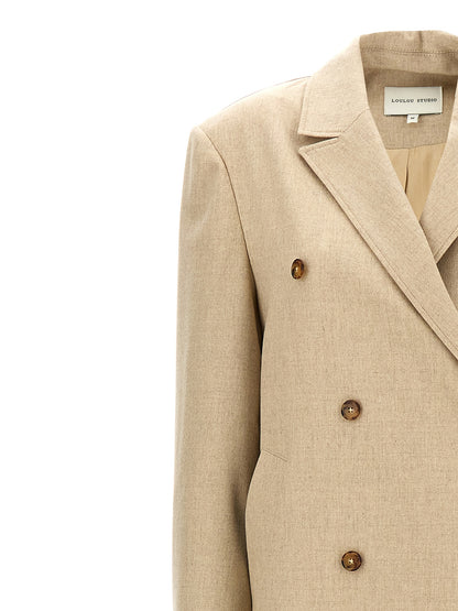 Overcoat by Loulou De Saison for women in cashmere virgin wool beige features a contemporary silhouette showcasing a contemporary and refined pockets for a sophisticated finish.