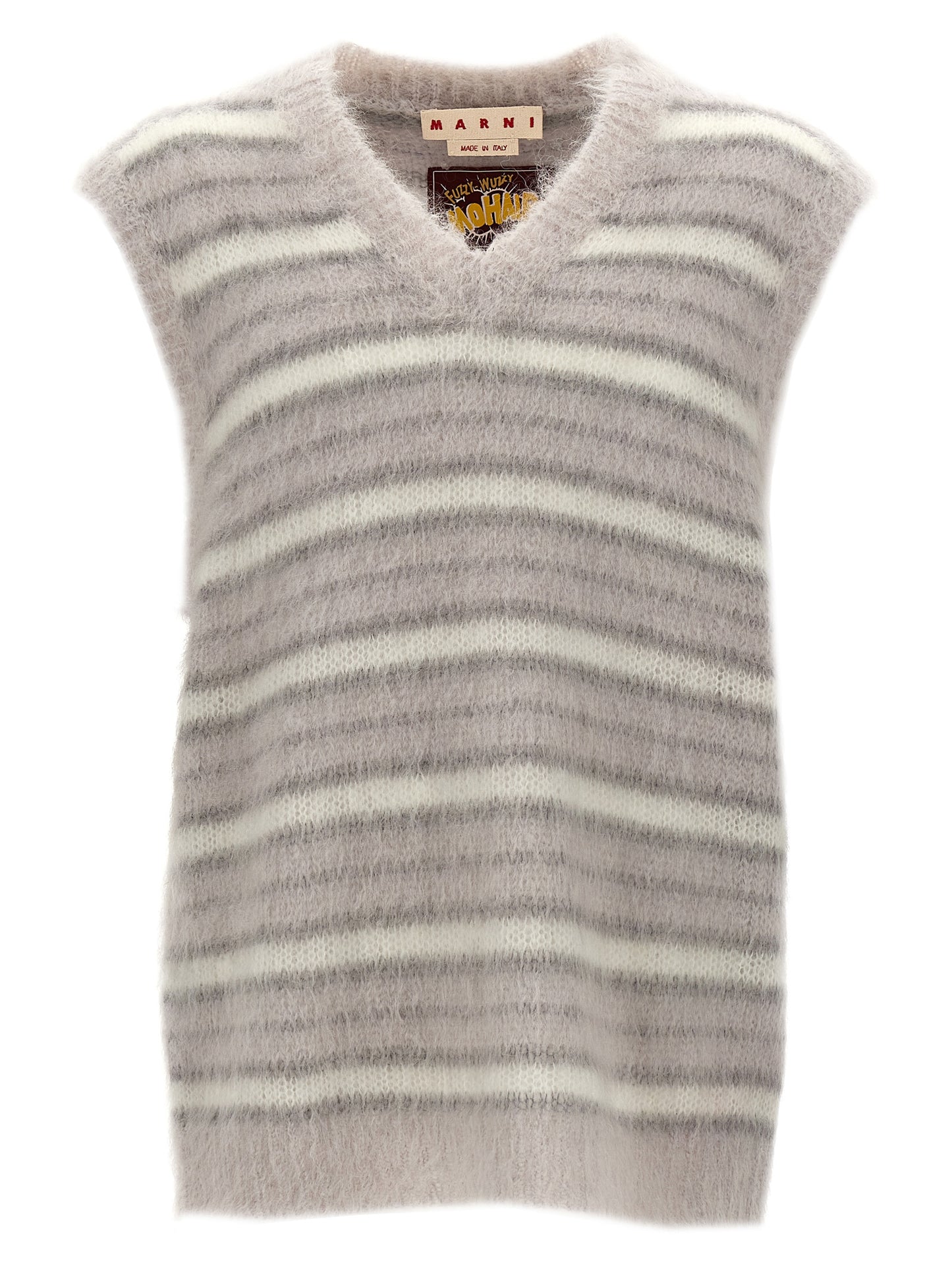 Sweatshirt by Marni for men in plush polyamide & mohair gray & striped showcases a slouchy chic silhouette, artfully detailed with a slouchy chic v-neck neckline and sleeveless for a slouchy chic finish.