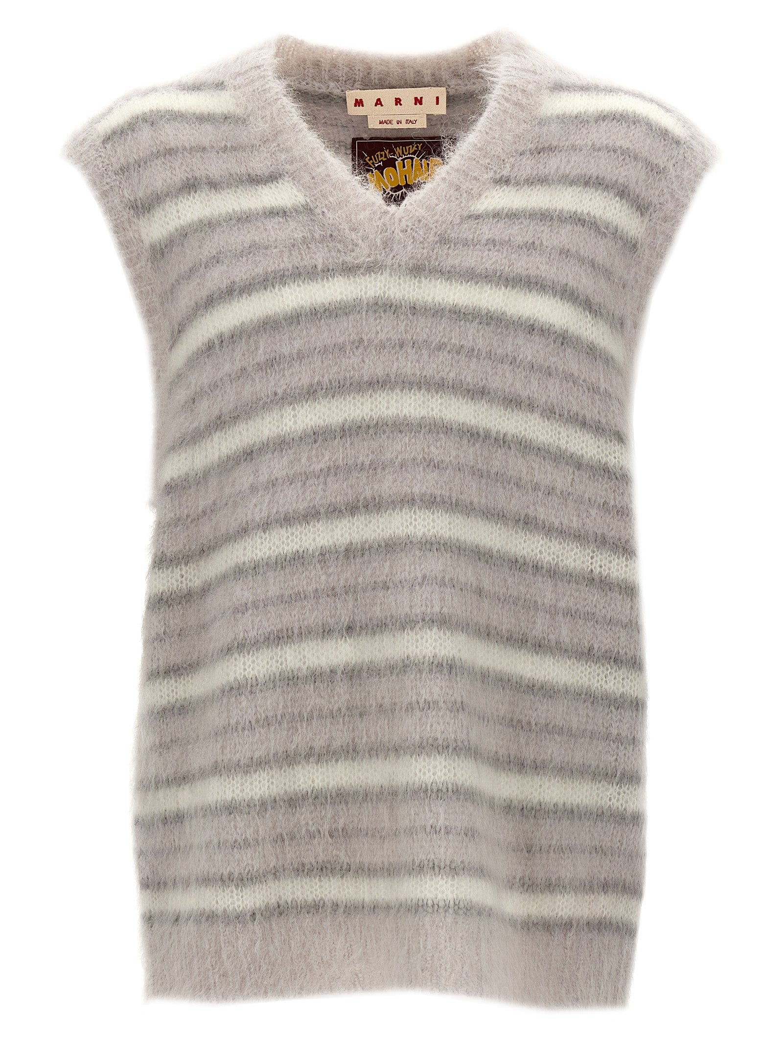 Sweatshirt by Marni for men in plush polyamide & mohair gray & striped showcases a slouchy chic silhouette, artfully detailed with a slouchy chic v-neck neckline and sleeveless for a slouchy chic finish.