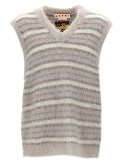 Sweatshirt by Marni for men in plush polyamide & mohair gray & striped showcases a slouchy chic silhouette, artfully detailed with a slouchy chic v-neck neckline and sleeveless for a slouchy chic finish.