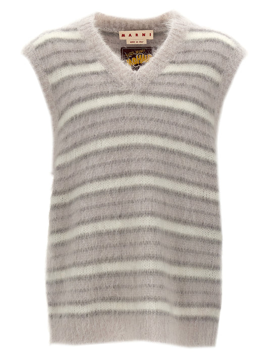 Sweatshirt by Marni for men in plush polyamide & mohair gray & striped showcases a slouchy chic silhouette, artfully detailed with a slouchy chic v-neck neckline and sleeveless for a slouchy chic finish.