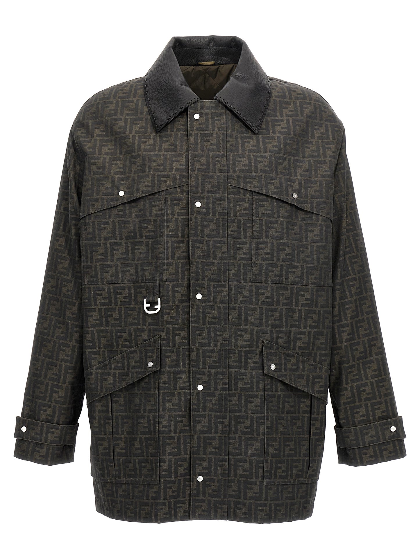 Overcoat by Fendi for men in polyester leather & cotton brown & jacquard features a contemporary silhouette showcasing a contemporary and refined pockets for a sophisticated finish.