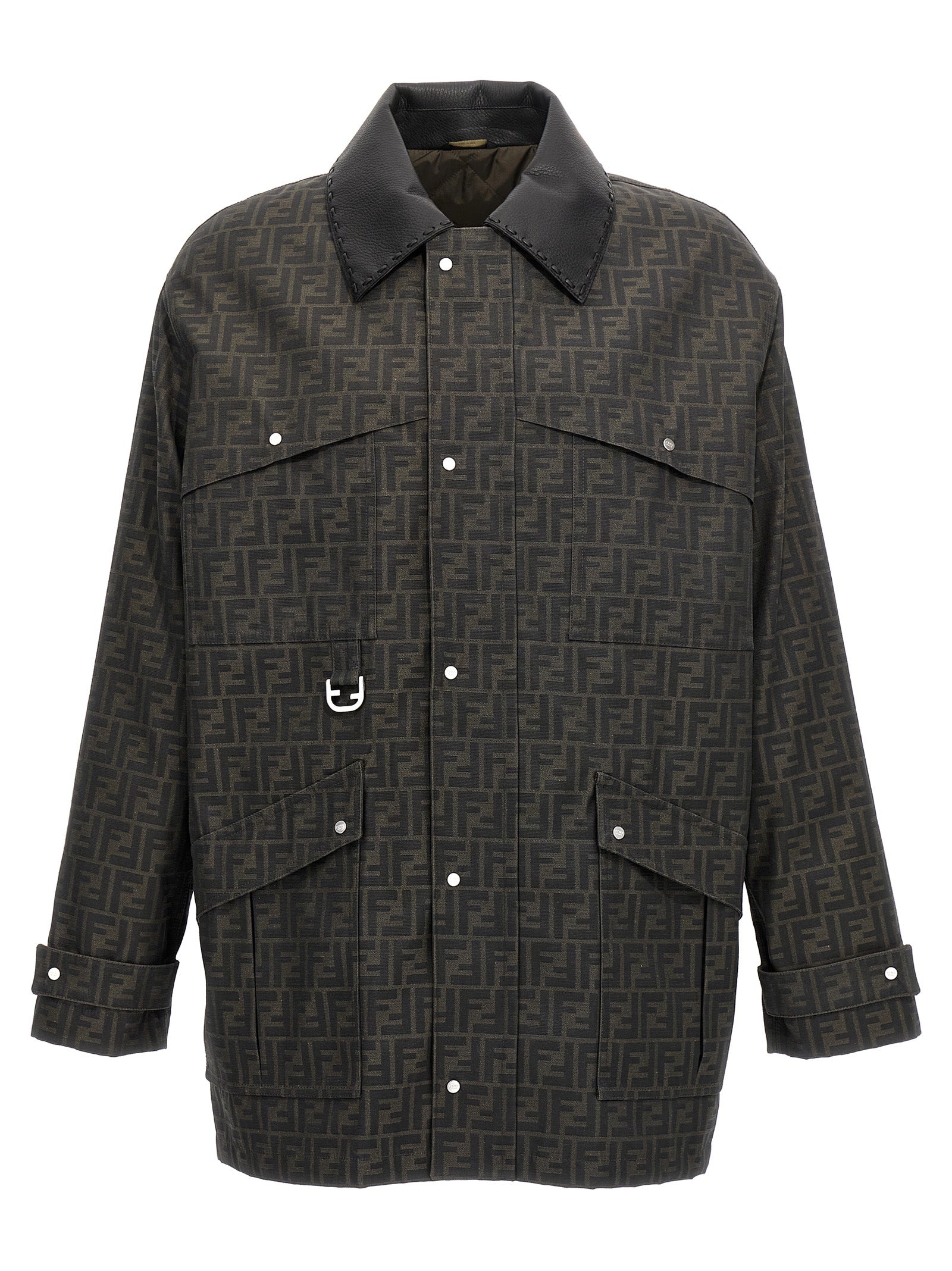 Overcoat by Fendi for men in polyester leather & cotton brown & jacquard features a contemporary silhouette showcasing a contemporary and refined pockets for a sophisticated finish.