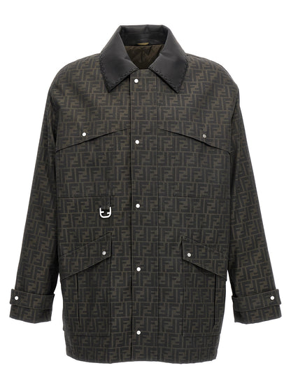 Overcoat by Fendi for men in polyester leather & cotton brown & jacquard features a contemporary silhouette showcasing a contemporary and refined pockets for a sophisticated finish.