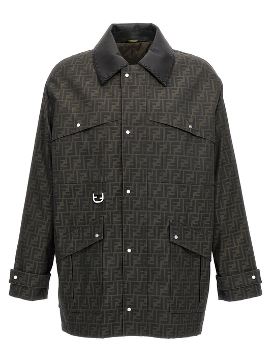 Overcoat by Fendi for men in polyester leather & cotton brown & jacquard features a contemporary silhouette showcasing a contemporary and refined pockets for a sophisticated finish.