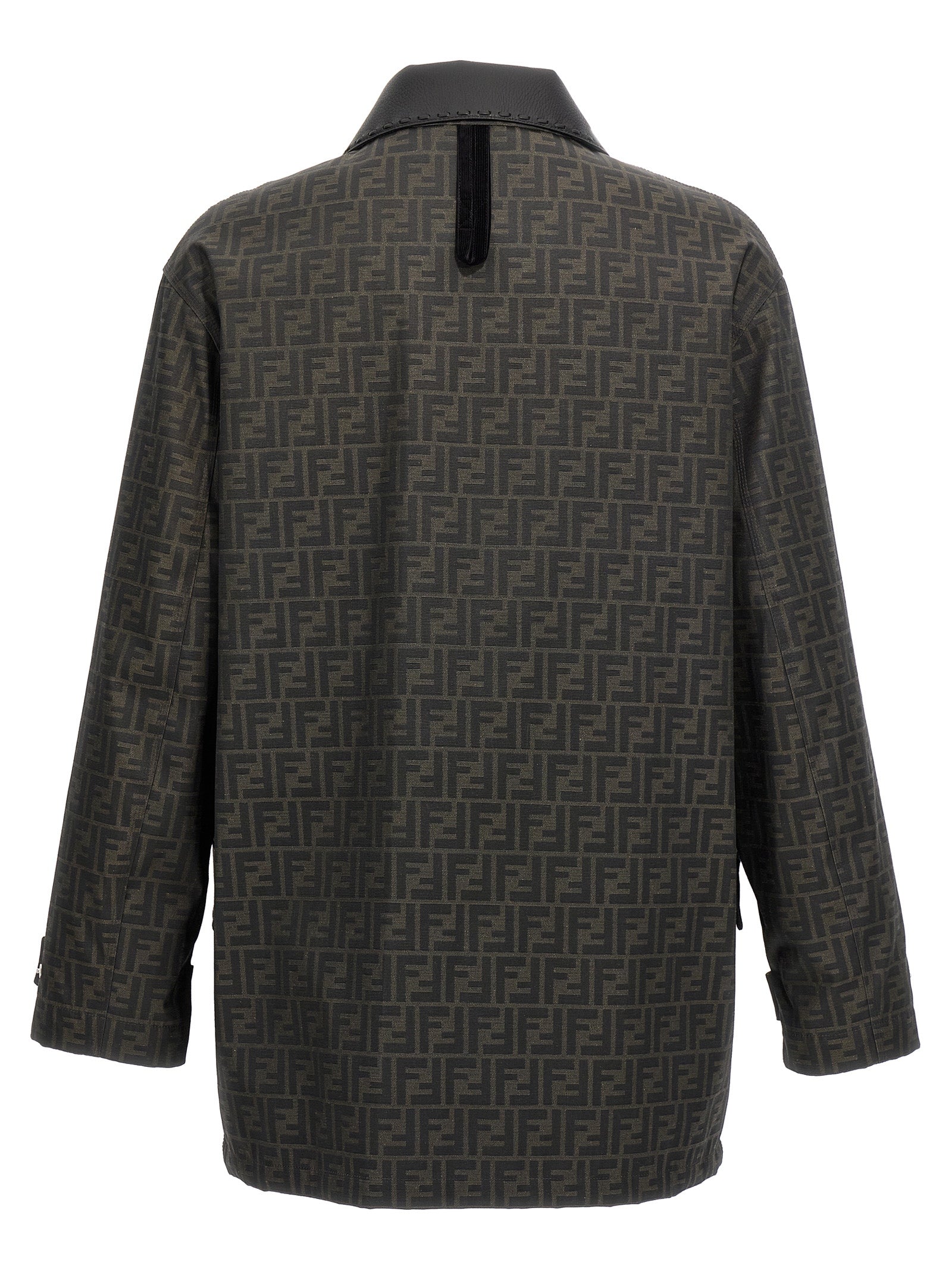Overcoat by Fendi for men in polyester leather & cotton brown & jacquard features an satoral silhouette, showcasing a sophisticated and satoral pockets for a premium, timeless look.