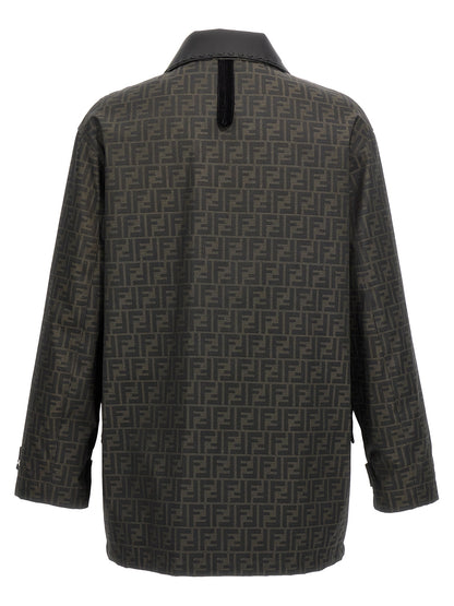 Overcoat by Fendi for men in polyester leather & cotton brown & jacquard features an satoral silhouette, showcasing a sophisticated and satoral pockets for a premium, timeless look.