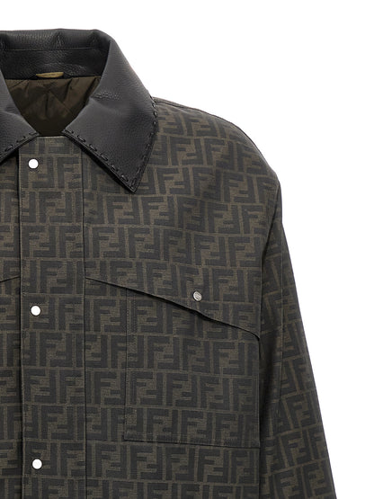 Overcoat by Fendi for men in polyester leather & cotton brown & jacquard features an voluminous silhouette, showcasing distinct pockets and a voluminous for a truly voluminous aesthetic.