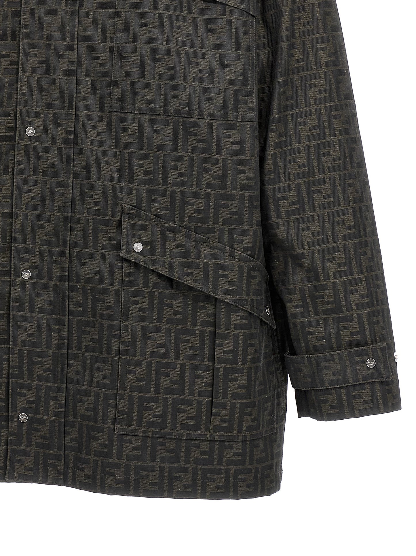 Overcoat by Fendi for men in polyester leather & cotton brown & jacquard showcases a enveloping silhouette, detailed with distinctive pockets and a enveloping .