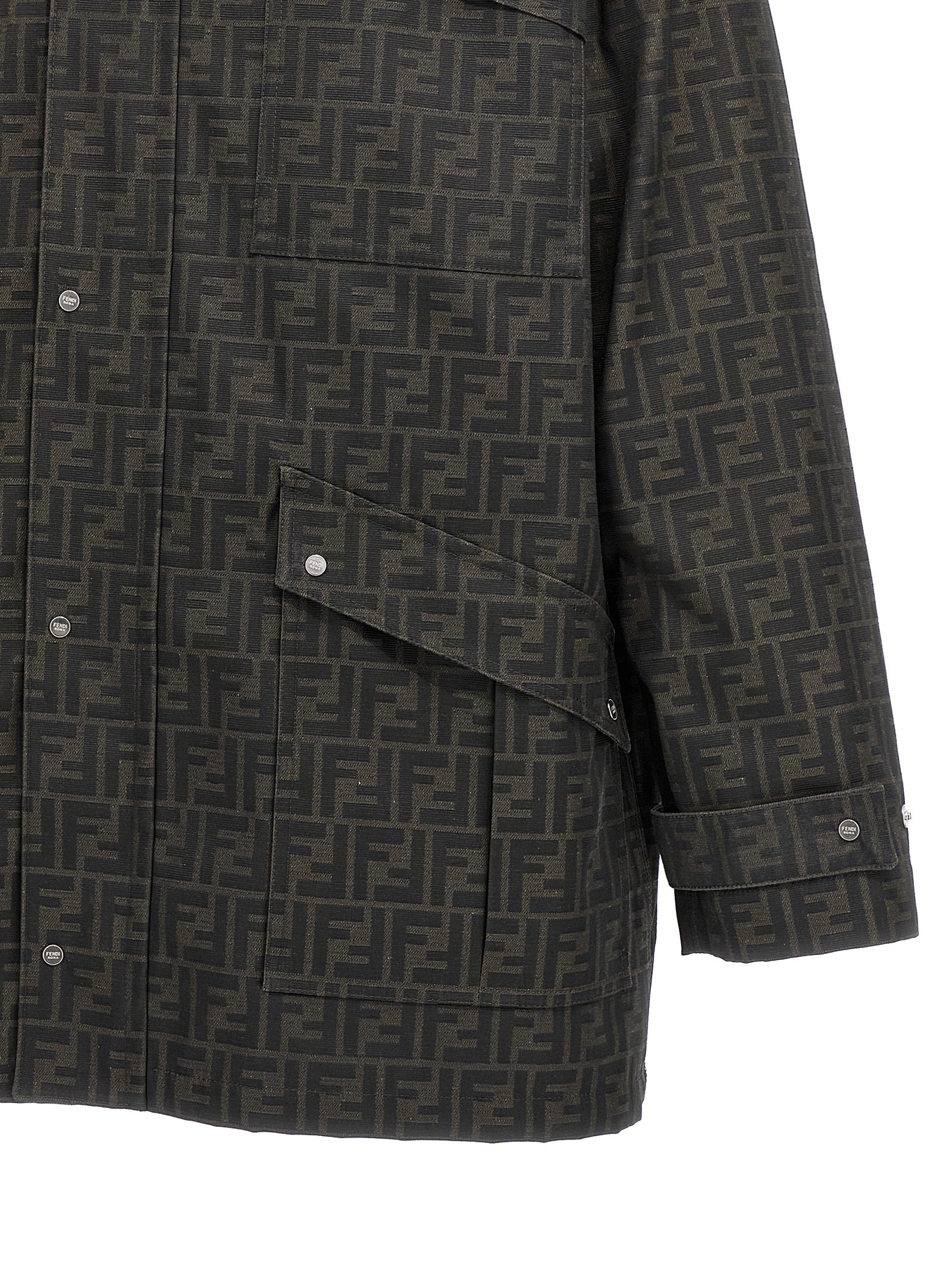Overcoat by Fendi for men in polyester leather & cotton brown & jacquard showcases a enveloping silhouette, detailed with distinctive pockets and a enveloping .