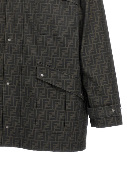 Overcoat by Fendi for men in polyester leather & cotton brown & jacquard showcases a enveloping silhouette, detailed with distinctive pockets and a enveloping .
