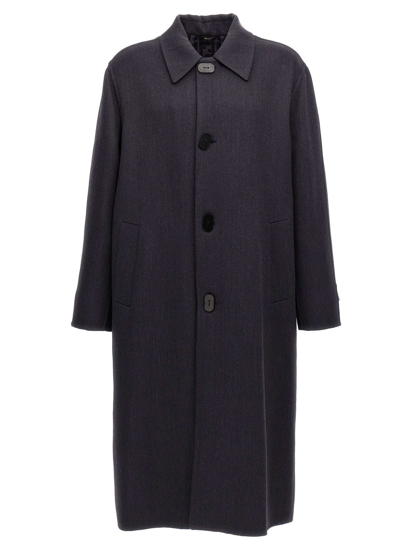 Overcoat by Fendi for men in virgin wool & silk blue & print showcases a architectural silhouette, artfully detailed with a distinctive and functional pockets for a architectural finish.