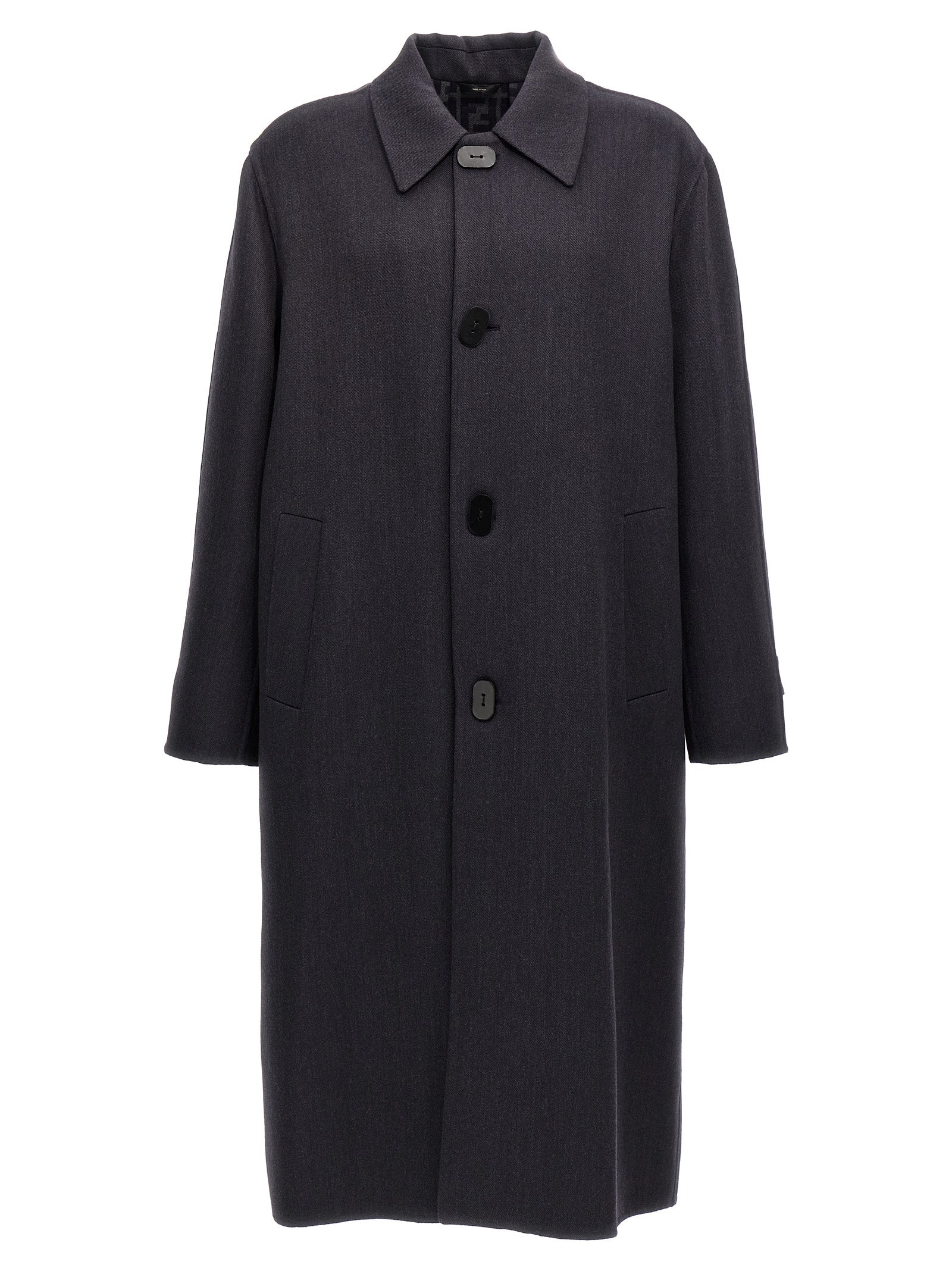 Overcoat by Fendi for men in virgin wool & silk blue & print showcases a architectural silhouette, artfully detailed with a distinctive and functional pockets for a architectural finish.