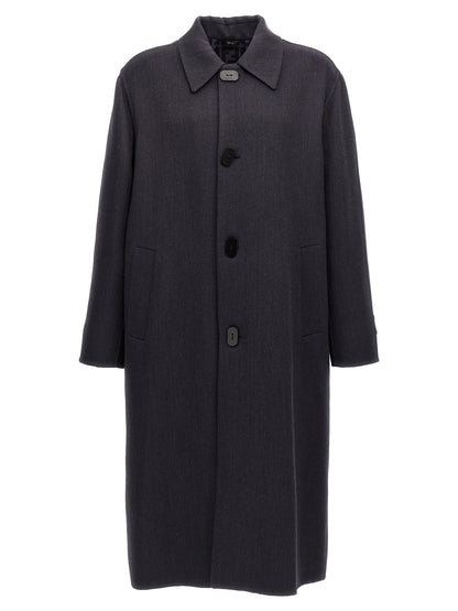 Overcoat by Fendi for men in virgin wool & silk blue & print showcases a architectural silhouette, artfully detailed with a distinctive and functional pockets for a architectural finish.