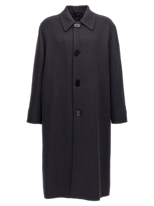 Overcoat by Fendi for men in virgin wool & silk blue & print showcases a architectural silhouette, artfully detailed with a distinctive and functional pockets for a architectural finish.