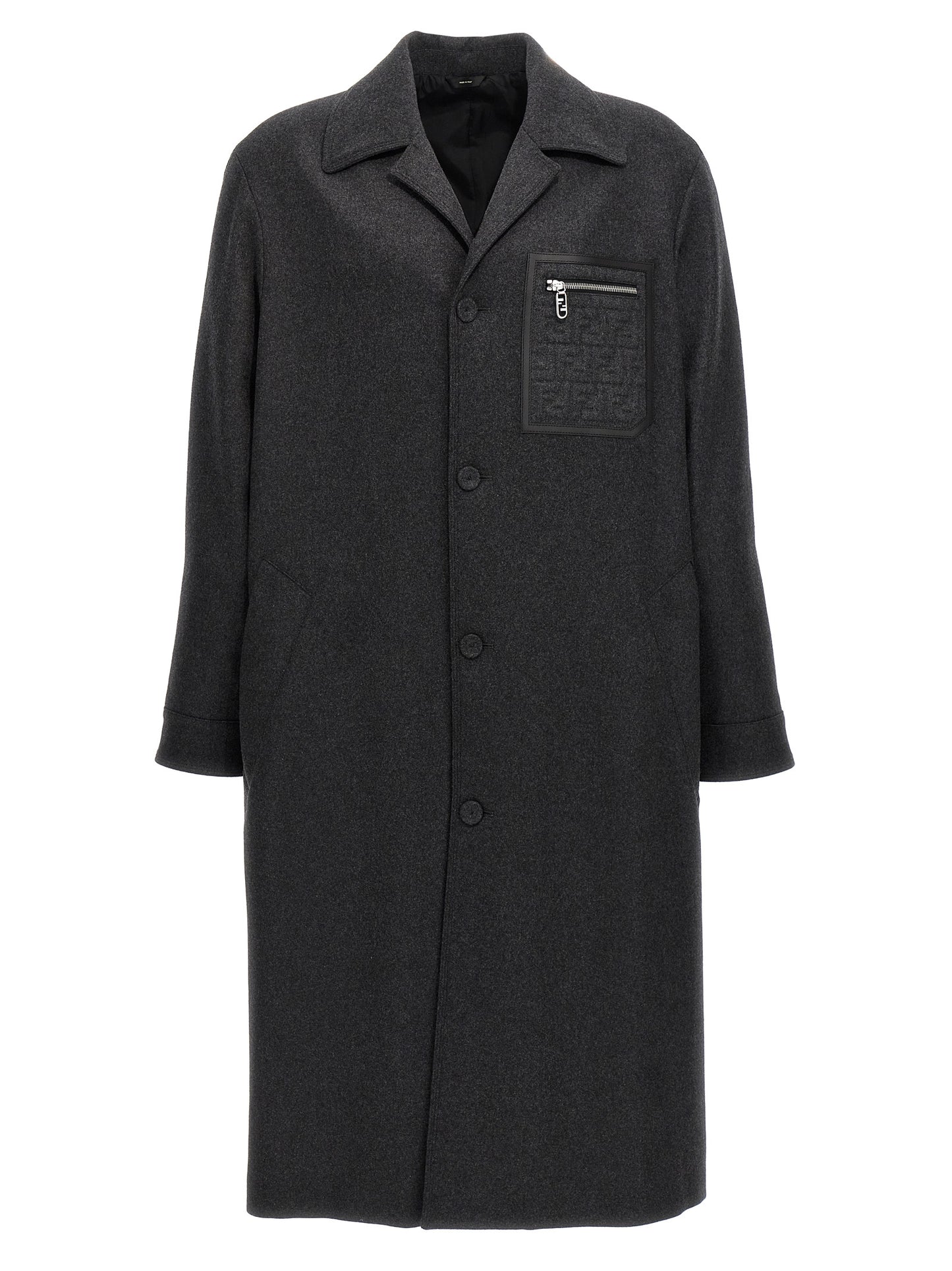 Overcoat by Fendi for men in cashmere gray presents a luxurious silhouette, showcasing a luxurious and sophisticated pockets for a premium, luxurious look.