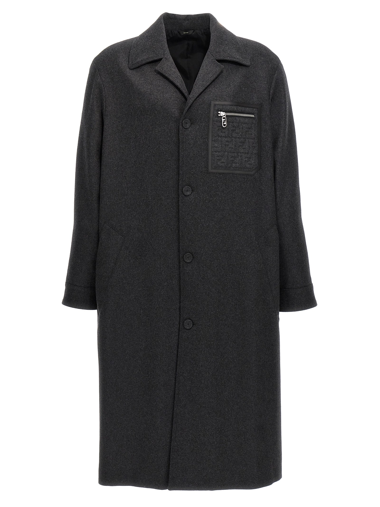 Overcoat by Fendi for men in cashmere gray presents a luxurious silhouette, showcasing a luxurious and sophisticated pockets for a premium, luxurious look.
