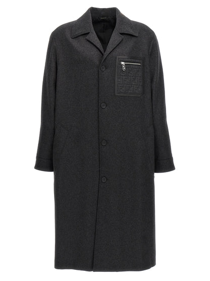 Overcoat by Fendi for men in cashmere gray presents a luxurious silhouette, showcasing a luxurious and sophisticated pockets for a premium, luxurious look.