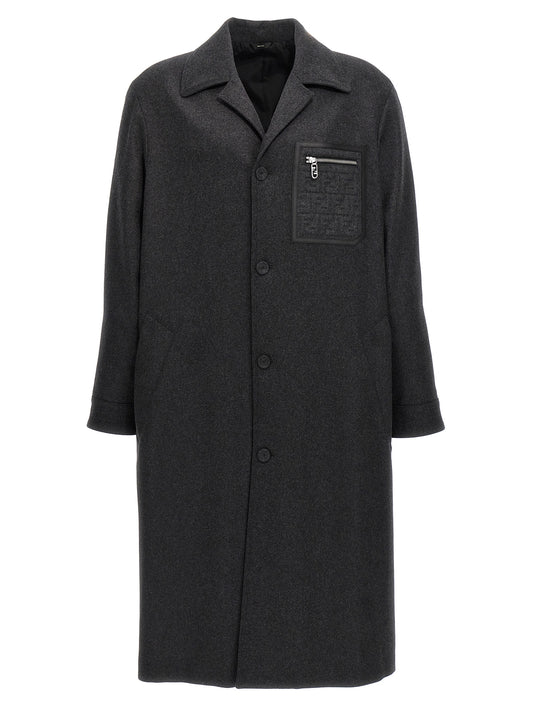 Overcoat by Fendi for men in cashmere gray presents a luxurious silhouette, showcasing a luxurious and sophisticated pockets for a premium, luxurious look.