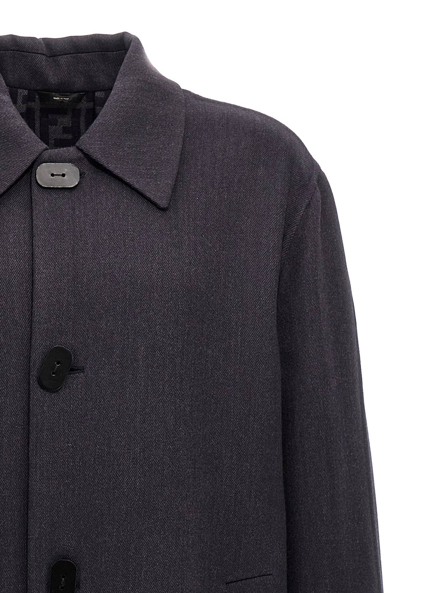 Overcoat by Fendi for men in virgin wool & silk blue & print presents a luxurious silhouette, showcasing a luxurious and sophisticated pockets for a premium, luxurious look.