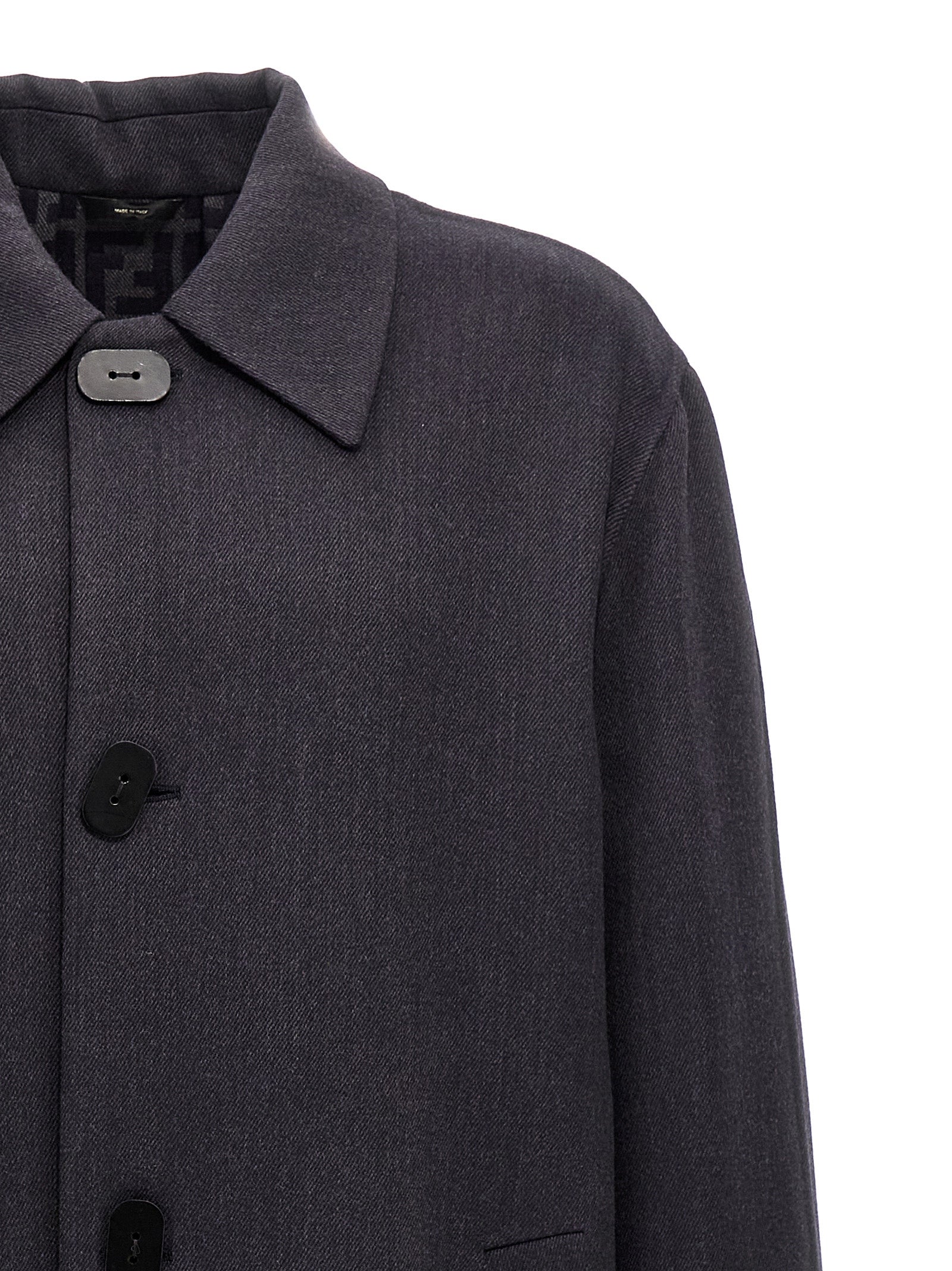Overcoat by Fendi for men in virgin wool & silk blue & print presents a luxurious silhouette, showcasing a luxurious and sophisticated pockets for a premium, luxurious look.