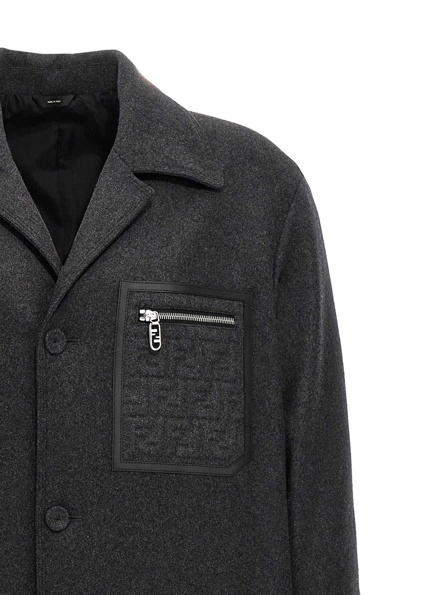 Overcoat by Fendi for men in cashmere gray features a cosy chic silhouette, artfully detailed with a sophisticated and premium pockets for a cosy chic finish.