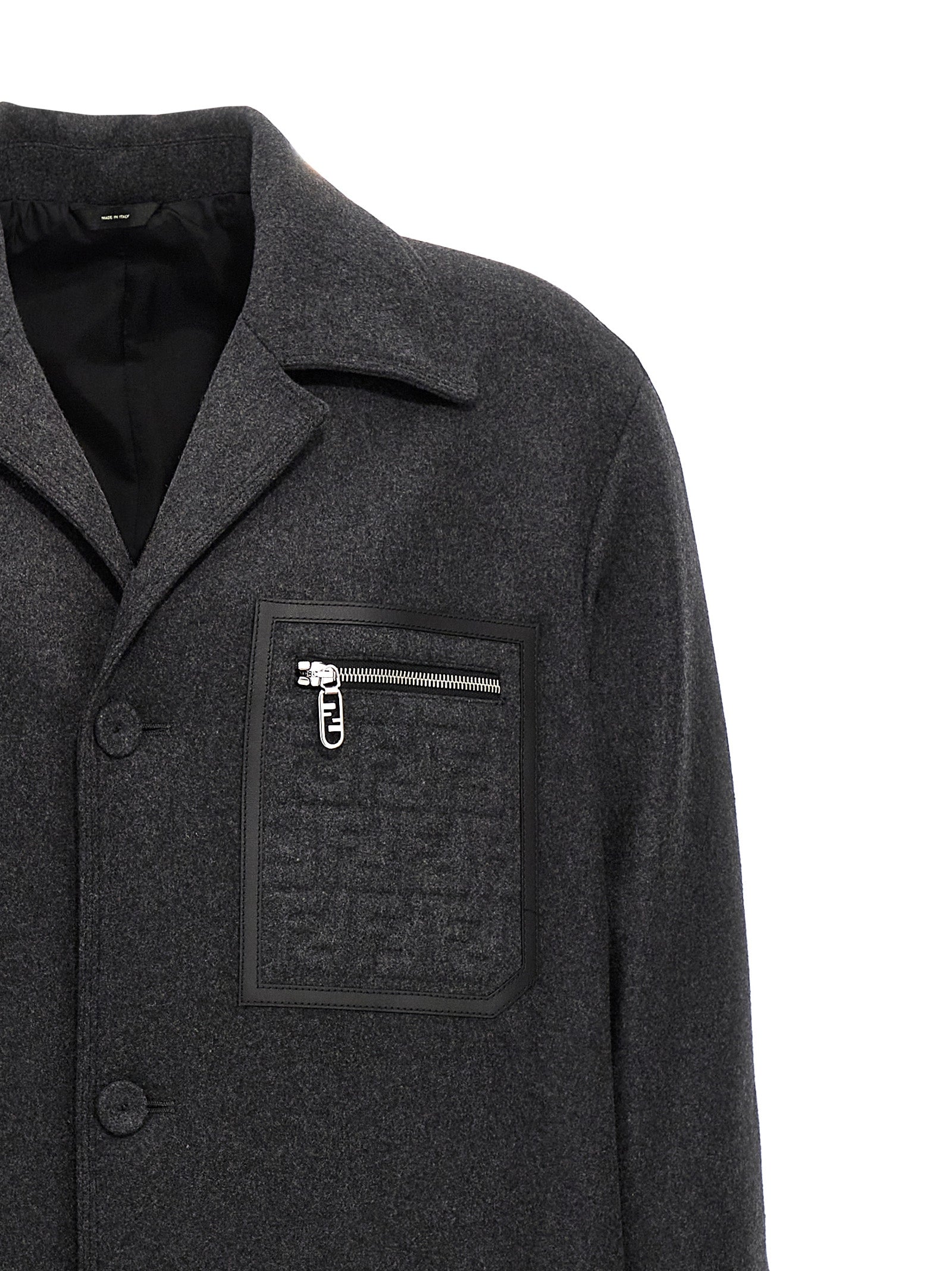 Overcoat by Fendi for men in cashmere gray features a cosy chic silhouette, artfully detailed with a sophisticated and premium pockets for a cosy chic finish.