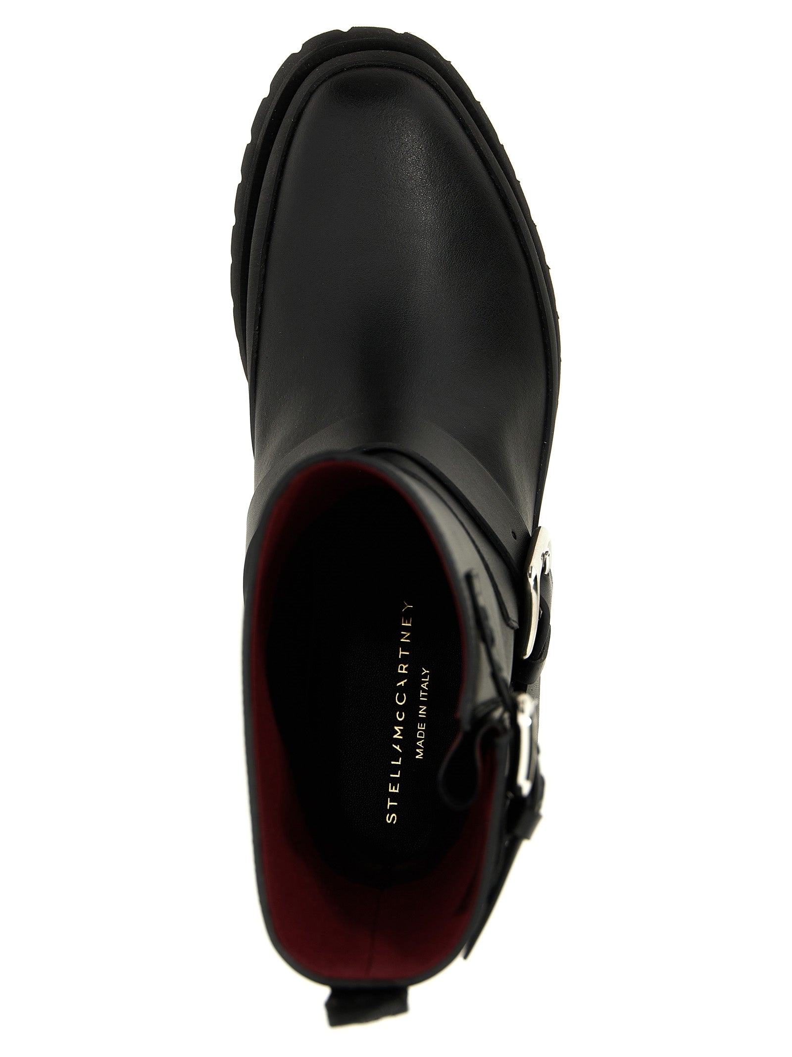 Ankle Biker Strap Boots by Stella McCartney for women in polyester black features an dynamic silhouette, showcasing the dynamic City Women's Polyester Ankle Biker Strap Boots design with its distinctive and elegant .