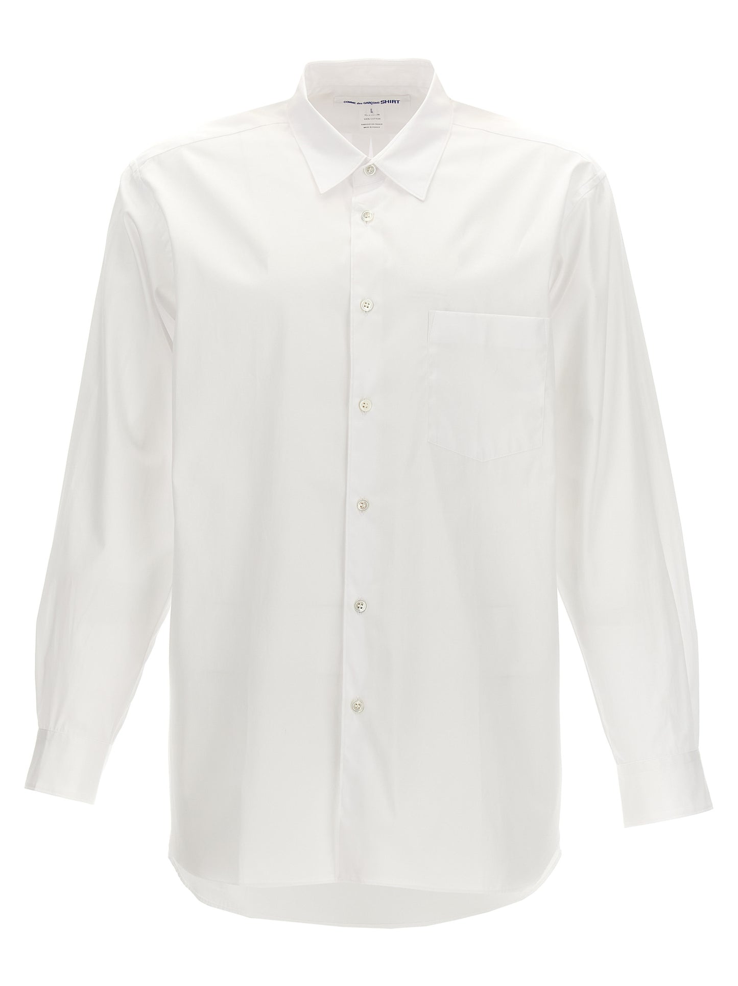 Shirt by Comme Des Garçons for men in cotton white showcases a sleek silhouette, elegantly detailed with a sleek and for a sleek finish.