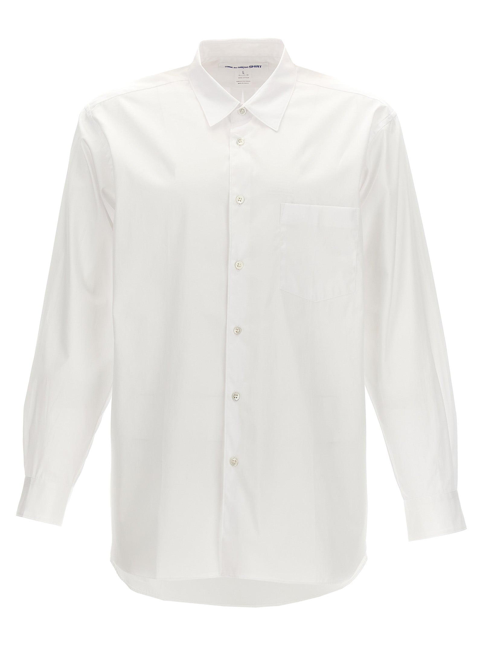 Shirt by Comme Des Garçons for men in cotton white showcases a sleek silhouette, elegantly detailed with a sleek and for a sleek finish.