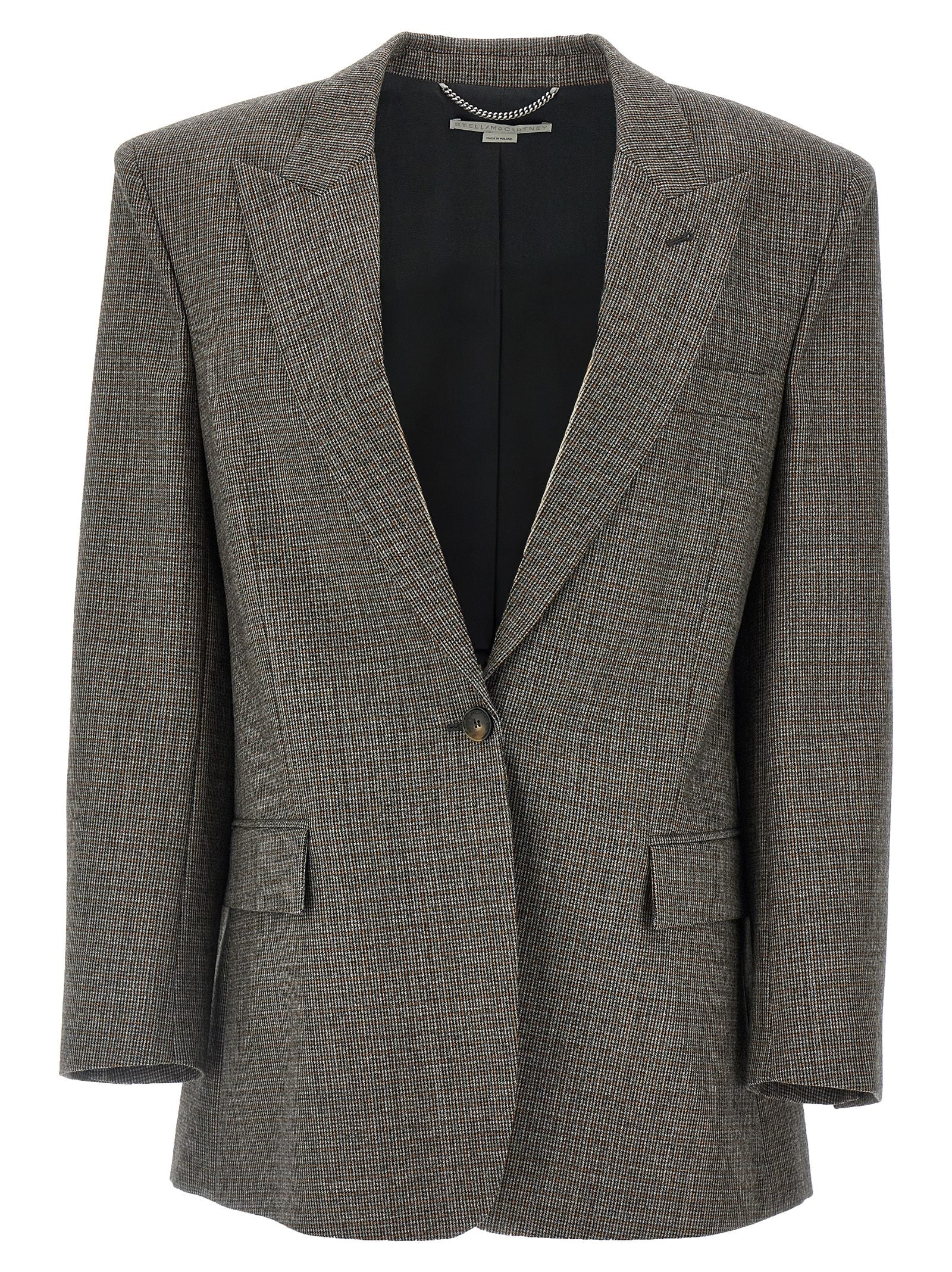 Blazer by Stella McCartney for women in wool gray & houndstooth showcases a discerning silhouette, elegantly detailed with a sophisticated split neckline and premium for a truly discerning finish.
