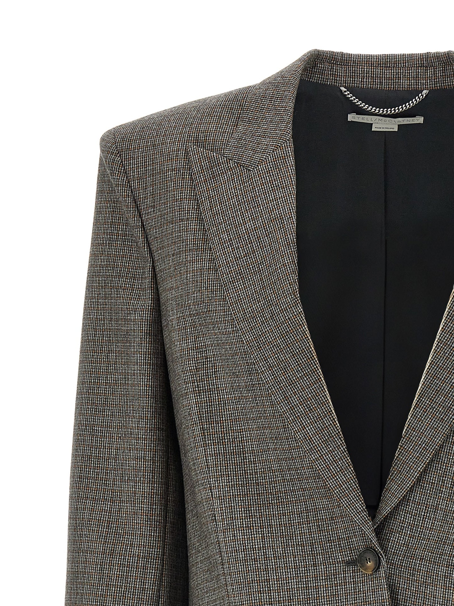 Blazer by Stella McCartney for women in wool gray & houndstooth features an crisp silhouette with sophisticated and a crisp split neckline for a truly crisp finish.