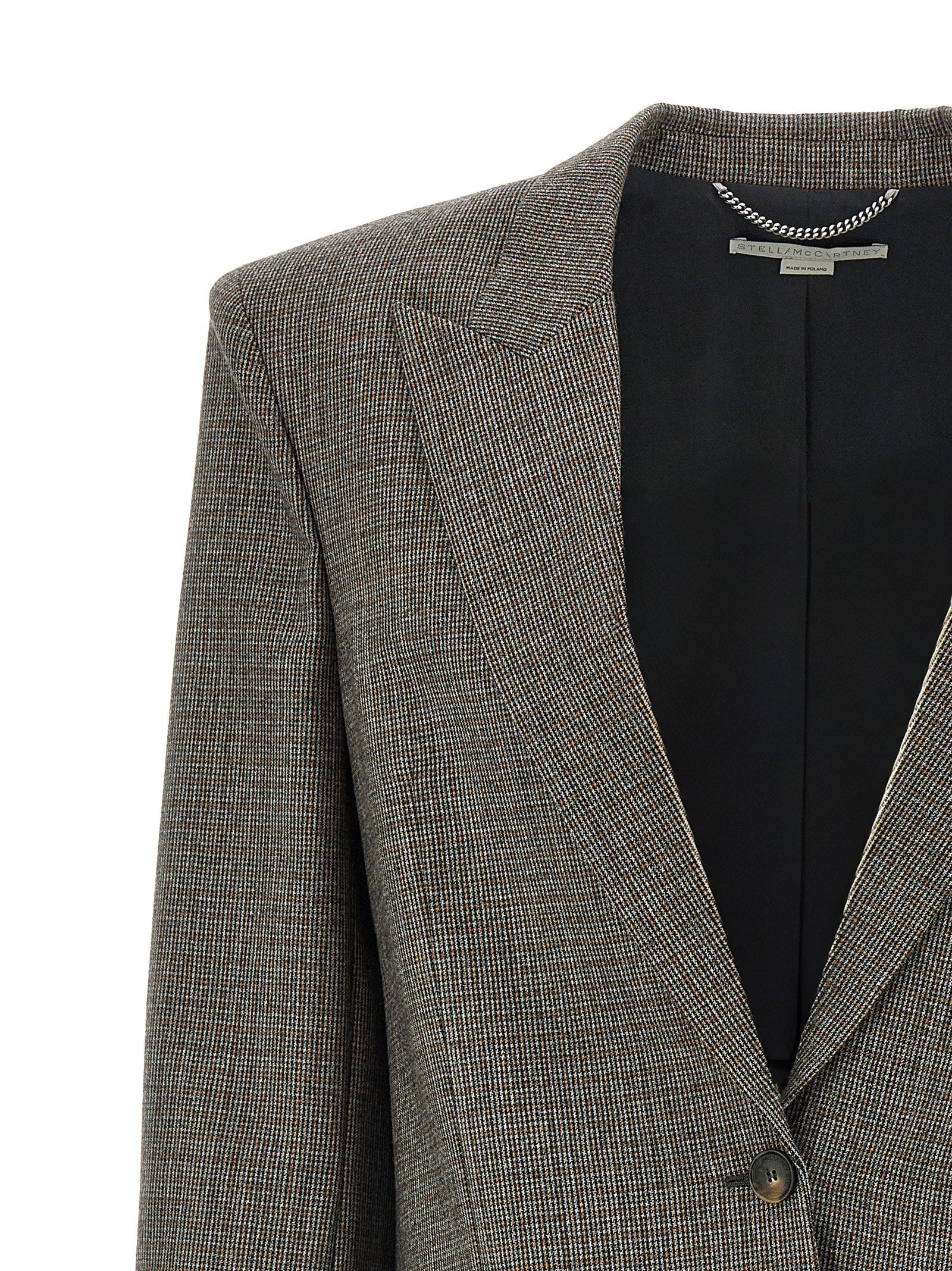 Blazer by Stella McCartney for women in wool gray & houndstooth features an crisp silhouette with sophisticated and a crisp split neckline for a truly crisp finish.