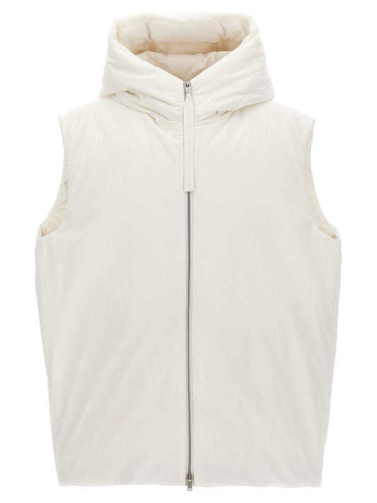 Hooded Vest by Jil Sander for men in nylon & polyester white features a chic silhouette, expertly detailed with a refined hooded neckline and premium pockets, hooded & insulated for a truly chic look.