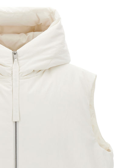 Hooded Vest by Jil Sander for men in nylon & polyester white showcases a dynamic silhouette, perfectly balancing pockets, hooded & insulated with a dynamic hooded neckline for a sophisticated, high-fashion look.