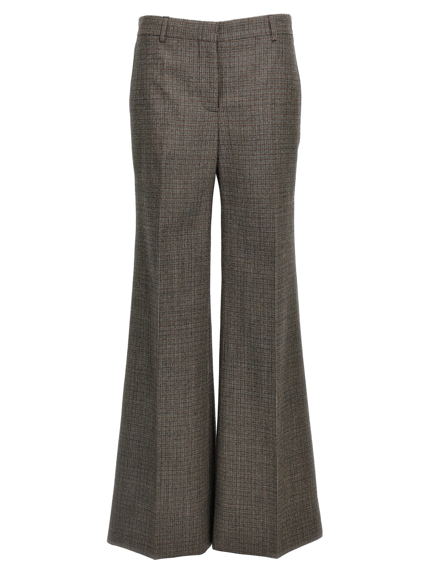 Trousers by Stella McCartney for women in wool gray & houndstooth features an on trend silhouette, showcasing a sophisticated flared with a long and for an on trend finish.