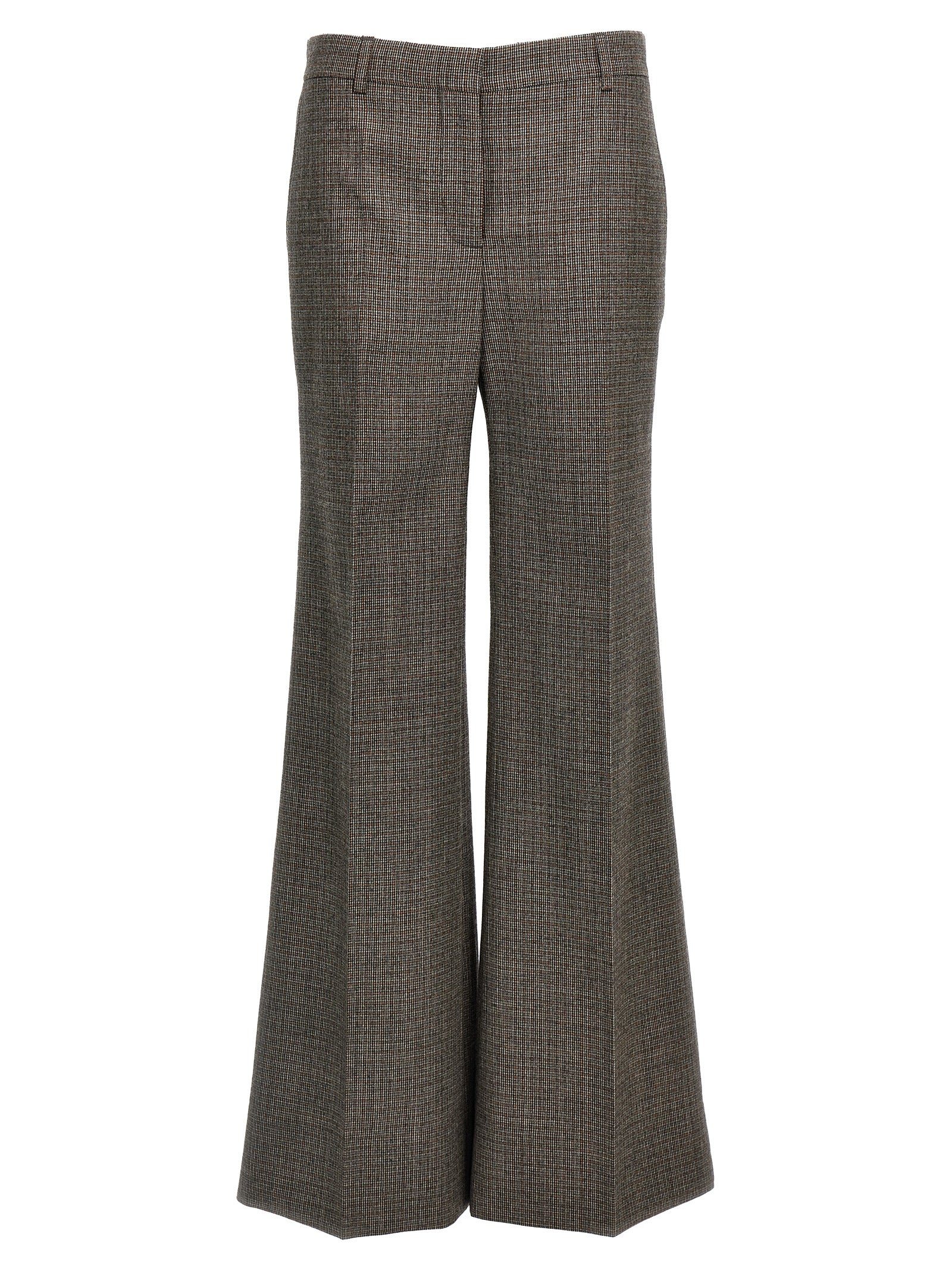 Trousers by Stella McCartney for women in wool gray & houndstooth features an on trend silhouette, showcasing a sophisticated flared with a long and for an on trend finish.